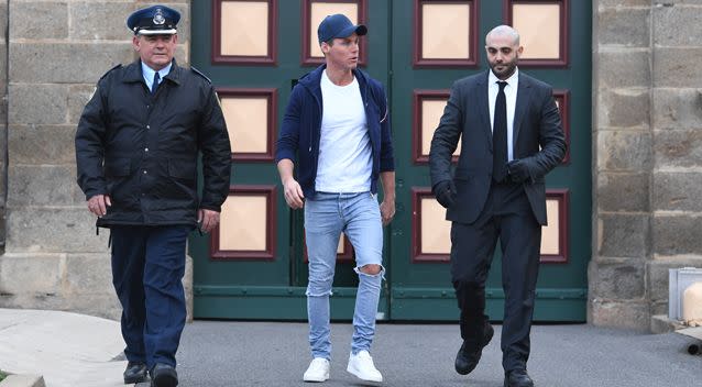 Oliver Curtis walks free from Cooma Correctional Centre on Friday. Photo: AAP