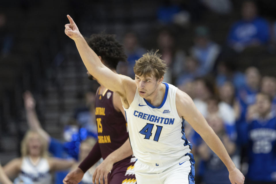 Creighton's Isaac Traudt (41) celebrates after making a three-pointer against Central Michigan during the first half of an NCAA college basketball game Saturday, Dec. 9, 2023, in Omaha, Neb. (AP Photo/Rebecca S. Gratz)