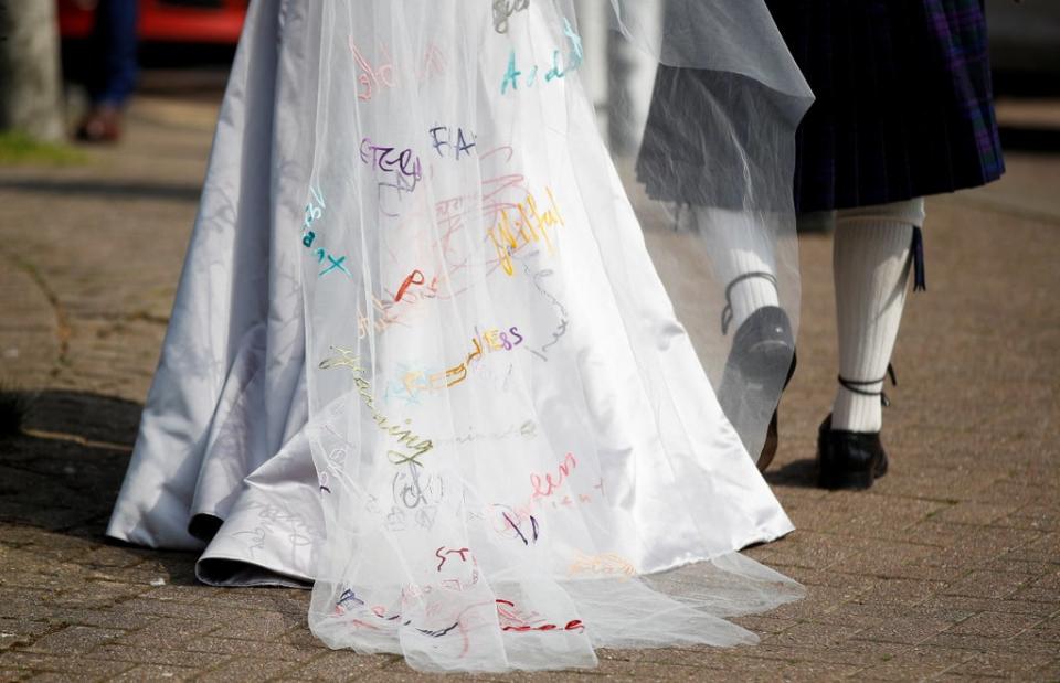 A view shows a detail of the wedding dress worn by Stella Moris, partner of WikiLeaks founder Julian Assange (REUTERS)