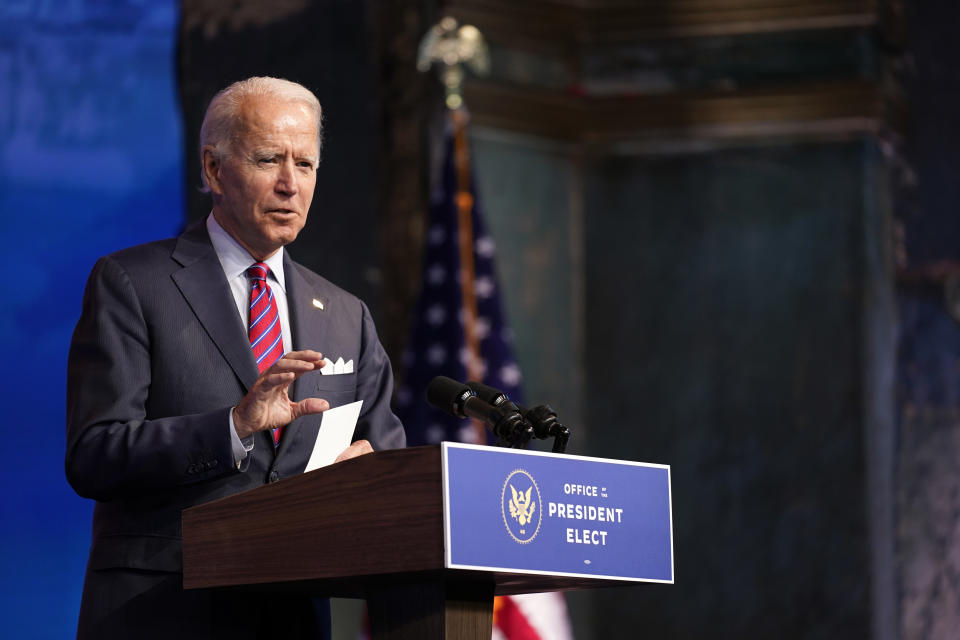 President-elect Joe Biden speaks about jobs at The Queen theater, Friday, Dec. 4, 2020, in Wilmington, Del. (AP Photo/Andrew Harnik)