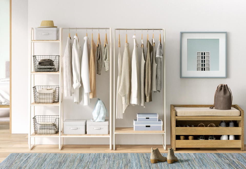 <p> A fitted walk-in closet might not be for you, in which case consider a freestanding unit that you can add to as and when you want. They're also good for small alcoves as they can be narrow.  </p> <p> Wayfair's Terraza clothes rack has a hanging rail on one side and shelving on the other, it's versatile enough that you can place two side-by-side or in an L-shape if your closet is tiny.  </p>