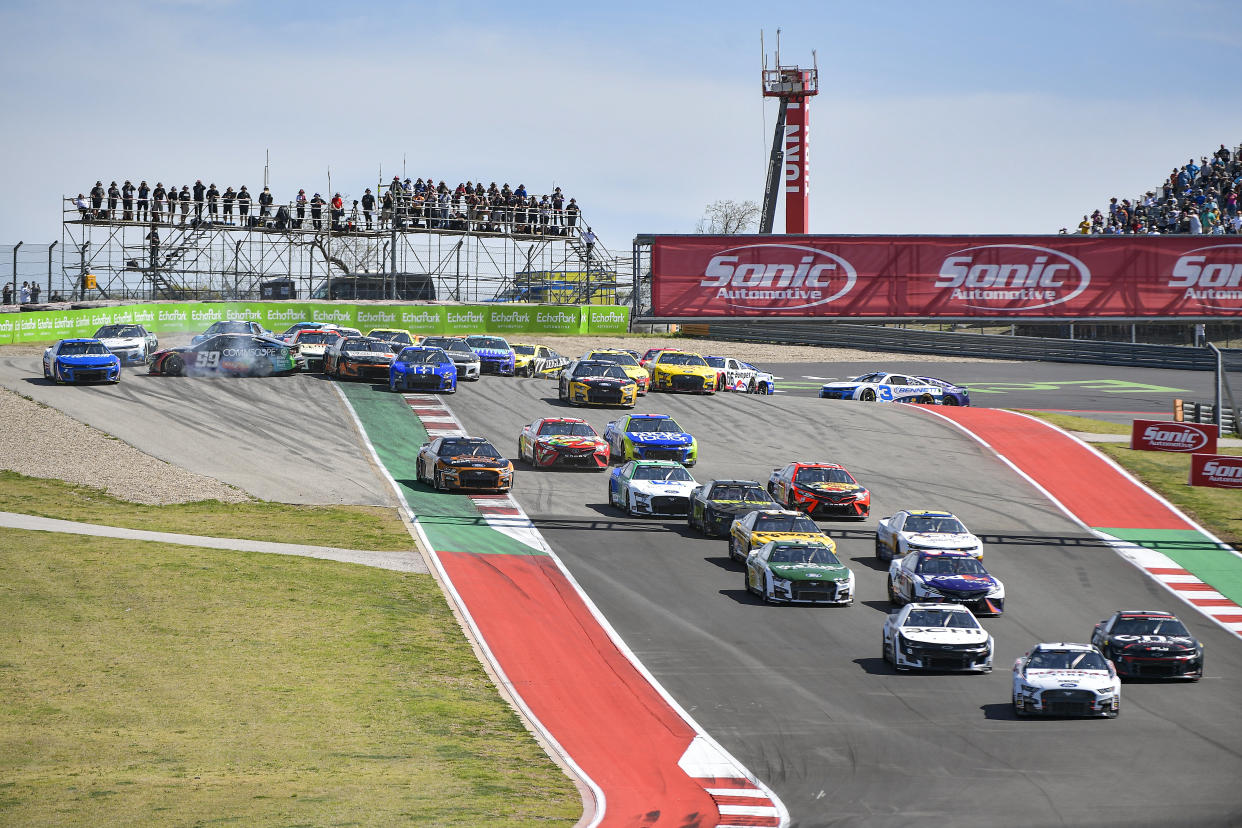 AUSTIN, TEXAS - MARCH 27: Daniel Suarez, driver of the #99 CommScope Chevrolet, spins after an on-track incident during the NASCAR Cup Series Echopark Automotive Grand Prix at Circuit of The Americas on March 27, 2022 in Austin, Texas. (Photo by Logan Riely/Getty Images)