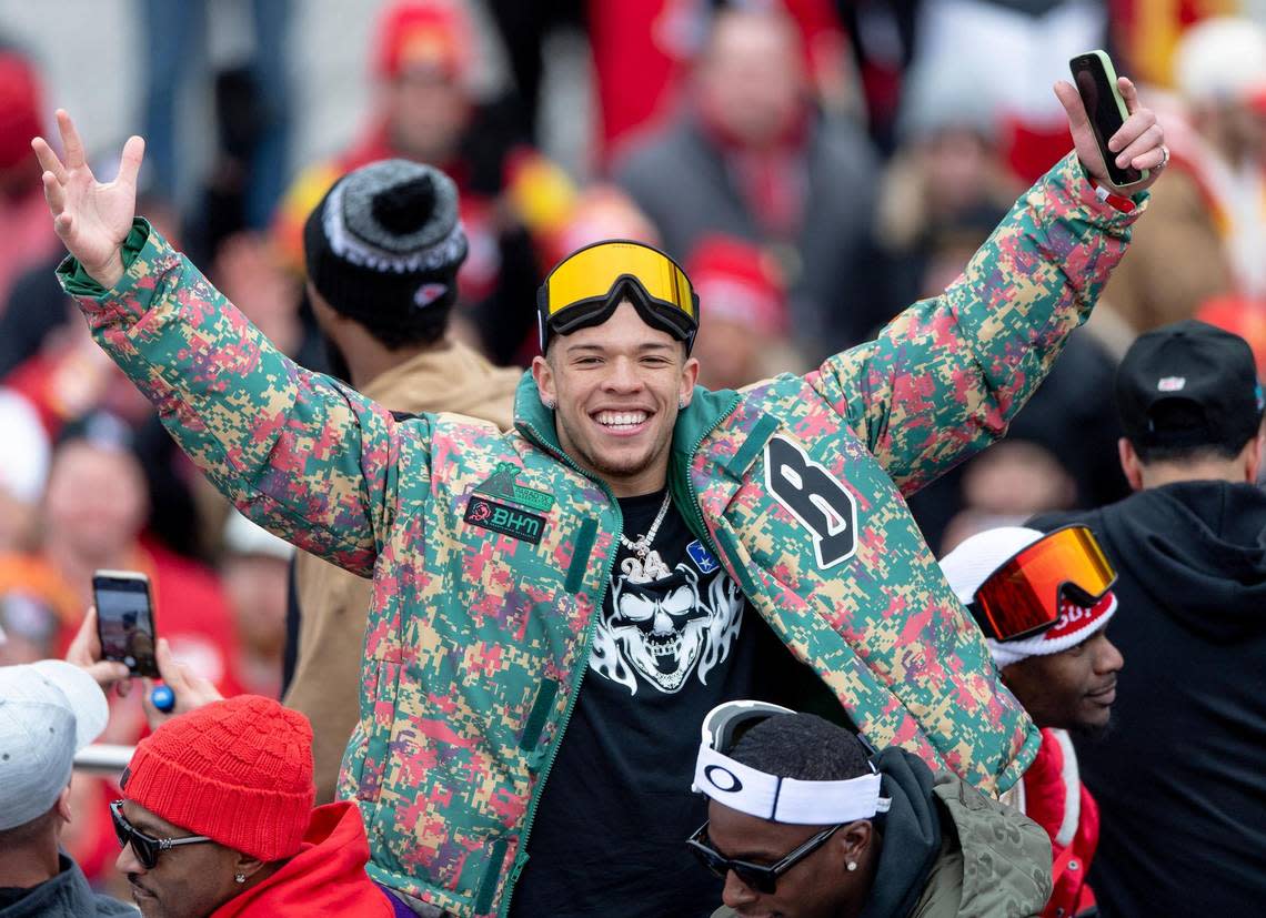 Chiefs wide receiver Skyy Moore stood out in a Billionaire Boys Club ’80s-flavored puffer jacket that wasn’t Chiefs red. Nick Wagner/nwagner@kcstar.com
