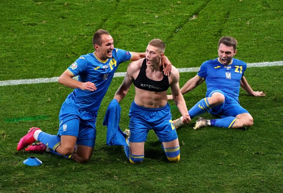 Ukraine celebrate at Hampden at Euro 2020 (Andrew Milligan/PA) (PA Archive)