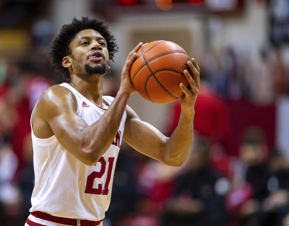 Indiana forward Jerome Hunter (21) prepares to shoot from the free throw line during the second half of an NCAA college basketball game against Rutgers, Sunday, Jan. 24, 2021, in Bloomington, Ind. (AP Photo/Doug McSchooler)