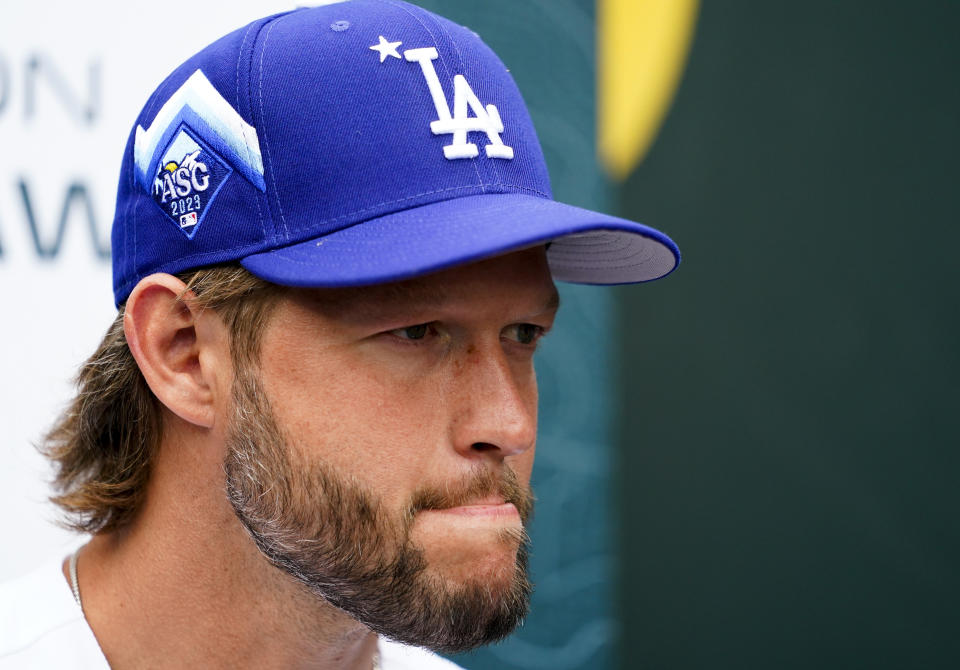 National League's Clayton Kershaw, of the Los Angeles Dodgers, listens to a question during an All-Star Game player availability, Monday, July 10, 2023, in Seattle. The All-Star Game will be played Tuesday, July 11. (AP Photo/Lindsey Wasson)