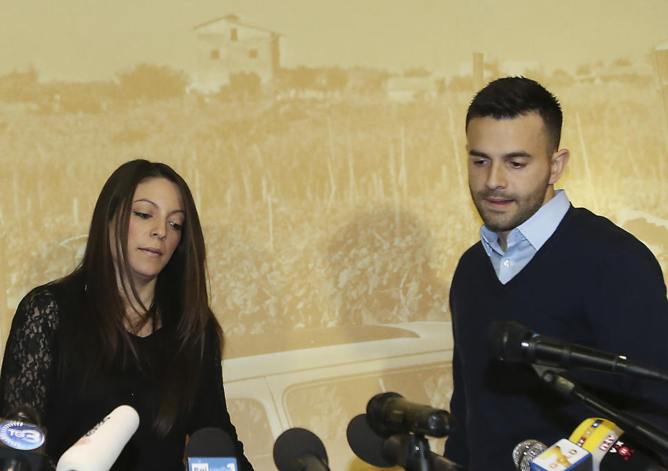 Meredith Kercher's sister Stephanie, left, and brother Lyle, arrive for a press conference in Florence, Italy, Friday, Jan. 31, 2014, the day after an appeals court sentenced Amanda Knox to 28 ½ years in prison and her former boyfriend Raffaele Sollecito to 25 years for the 2007 murdering of Meredith Kercher in Perugia, central Italy. For Kercher’s family, the verdict was another step in what has been more than six years of uncertainty about how Meredith died and finding justice. “I think we are still on the journey of the truth and it may be the fact that we don’t ever really know what happened that night, which will be something we have to come to terms with,” said Stephanie Kercher. (AP Photo/Antonio Calanni )