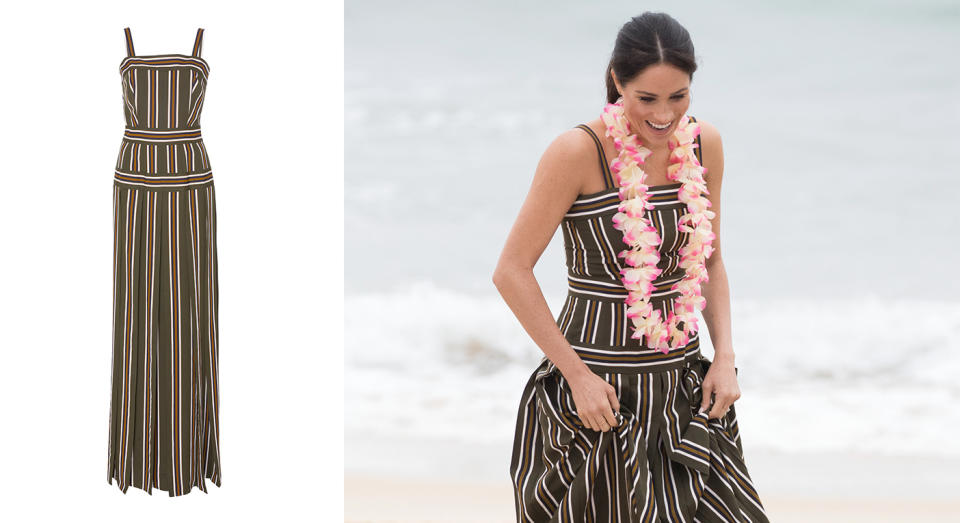 <p>On day four of the royal tour, Meghan dressed diplomatically in a sun dress by Melbourne-based designer Martin Grant. The £1,080 number is still available to purchase and now all we need is a holiday. <a rel="nofollow noopener" href="https://www.modaoperandi.com/martin-grant-r19/pleated-stripe-long-dress" target="_blank" data-ylk="slk:Shop now;elm:context_link;itc:0" class="link "><strong>Shop now</strong></a>. <em>[Photo: Getty]</em> </p>
