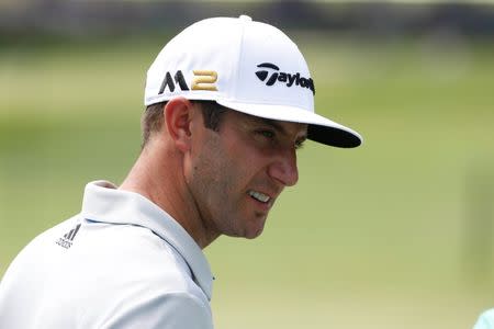 Jul 27, 2016; Springfield, NJ, USA; PGA golfer Dustin Johnson practices his putting during a practice round for the 2016 PGA Championship golf tournament at Baltusrol GC - Lower Course. Mandatory Credit: Brian Spurlock-USA TODAY Sports