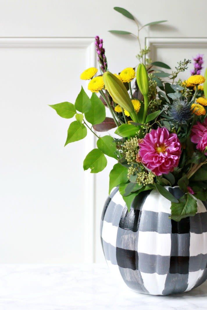 Plaid Pumpkin Carved Planter