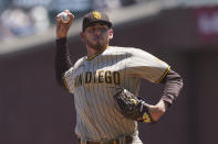 San Diego Padres' Joe Musgrove pitches against the San Francisco Giants during the first inning of a baseball game in San Francisco, Saturday, May 8, 2021. (AP Photo/Jeff Chiu)