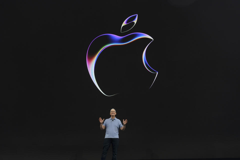 Apple CEO Tim Cook speaks during an annoucement of new products on the Apple campus Monday, June 5, 2023, in Cupertino, Calif. (AP Photo/Jeff Chiu)