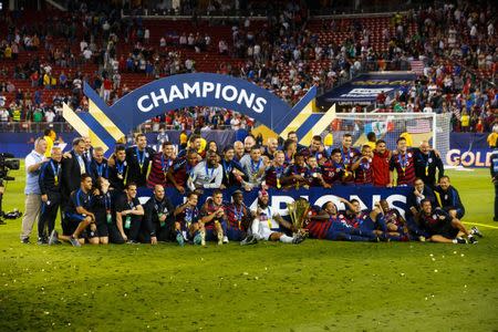 Jul 26, 2017; Santa Clara, CA, USA; United States players celebrate their victory against Jamaica during the CONCACAF Gold Cup final at Levi's Stadium. Mandatory Credit: Mark J. Rebilas-USA TODAY Sports