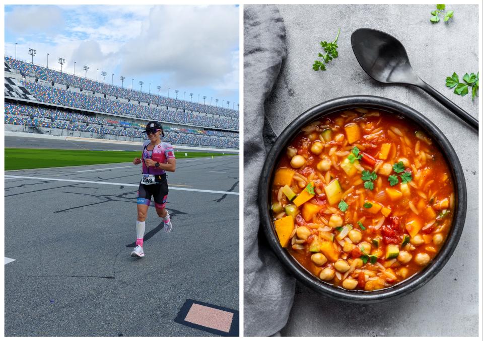 Marni Sumbal runs at Daytona Speedway at Clash Daytona (left) and vegan chickpea sweet potato stew (right)
