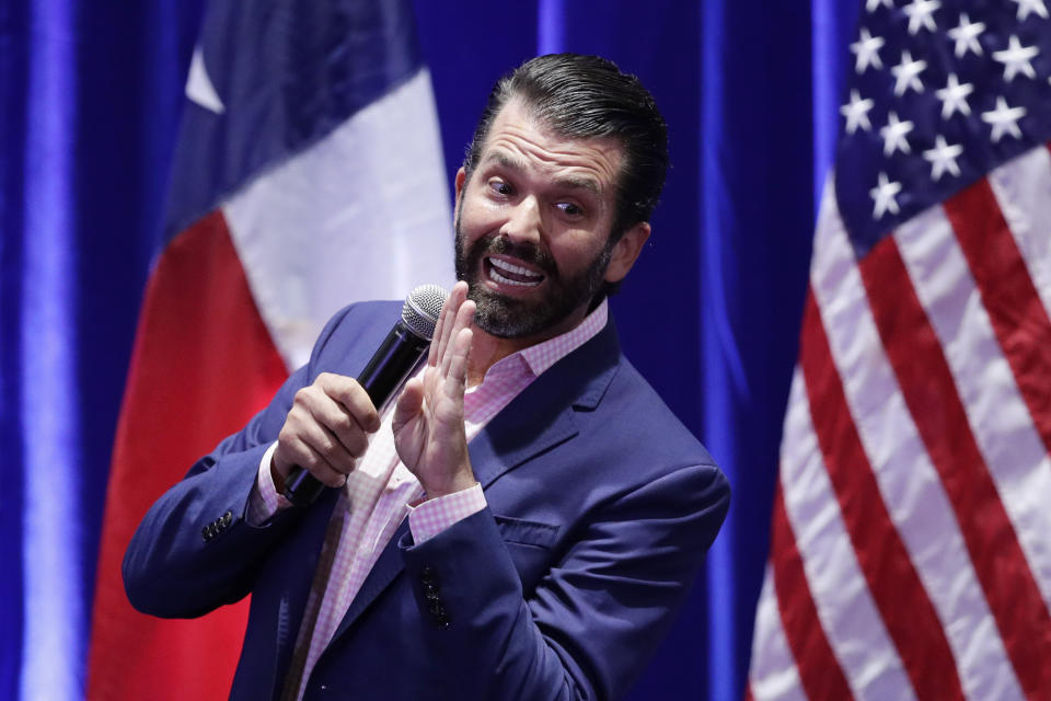 FILE - In this Oct. 15, 2019, file photo, Donald Trump, Jr. speaks to supporters of his father, President Donald Trump, during a panel discussion in San Antonio. President Donald Trump has accused former Vice President Joe Biden of major ethical lapses and railed against Biden’s son for allegedly profiting off his father’s office. But on Nov. 4, Trump used his Twitter feed to publicize a new book by his eldest son, Donald Trump Jr., telling his 66.5 million followers that they should “Go order it today!” (AP Photo/Eric Gay, File)