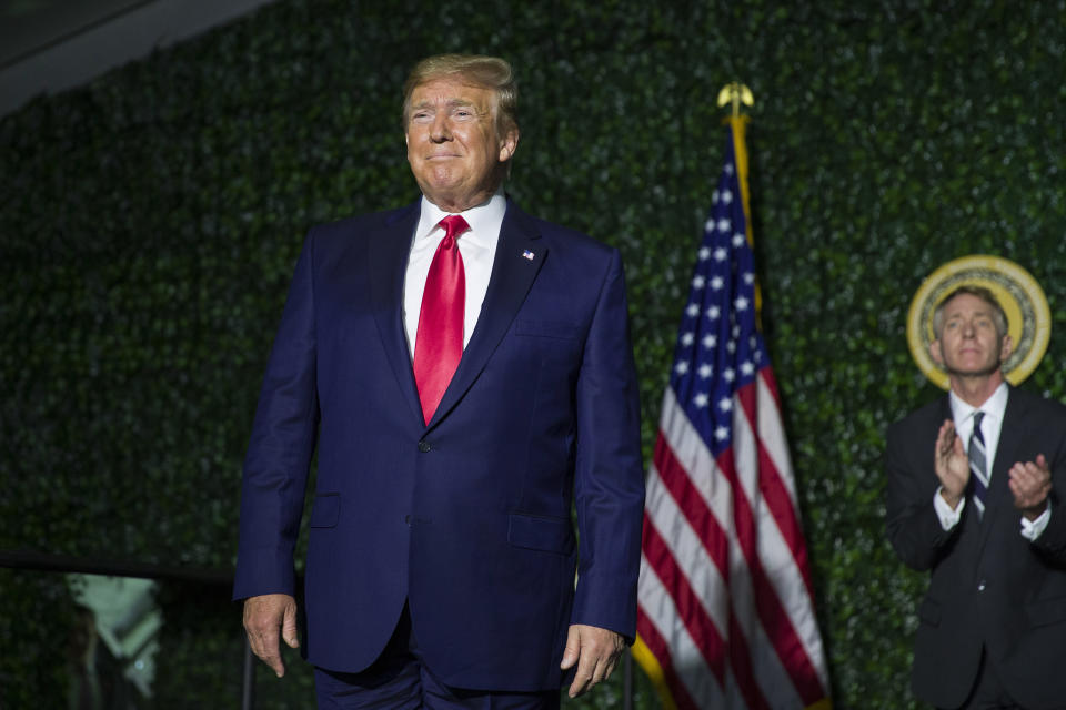 President Donald Trump arrives to speak at an event marking the 400th anniversary of the first representative assembly, Tuesday, July 29, 2019, in Jamestown, Va. (AP Photo/Alex Brandon)