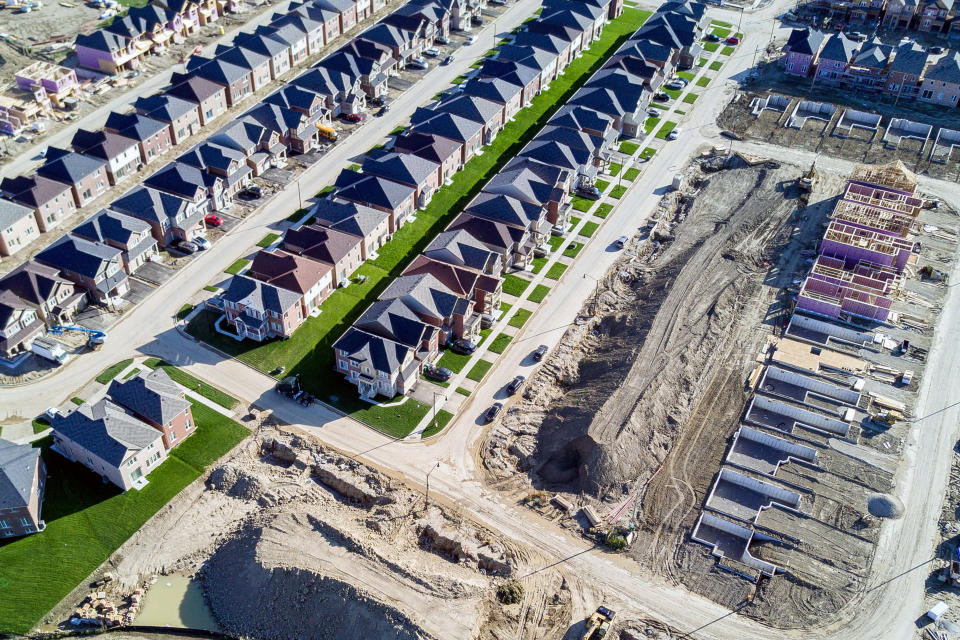 Homes under construction are seen in this aerial photograph taken above Brampton, Ontario, Canada, on Saturday, Sept. 9, 2017. (James MacDonald/Bloomberg via Getty Images)