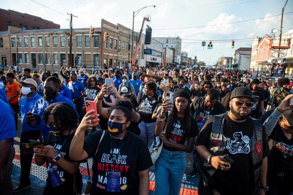 Marchers walk to the bridge on the 57th anniversary of Bloody Sunday during the Selma Jubilee at the Edmund Pettus Bridge in Selma, Ala., on Sunday, March 5, 2022.