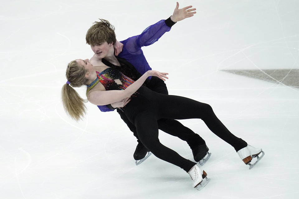 Emily Bratti, left, and Ian Somerville, right, compete during the championship rhythm dance program at the U.S. figure skating championships Thursday, Jan. 25, 2024, in Columbus, Ohio. (AP Photo/Sue Ogrocki)