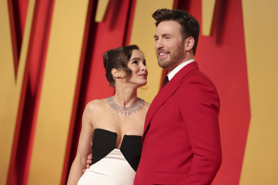 Alba Baptista and Chris Evans at the 2024 Vanity Fair Oscar Party held at the Wallis Annenberg Center for the Performing Arts on March 10, 2024 in Beverly Hills, California. (Photo by Christopher Polk/Variety via Getty Images)