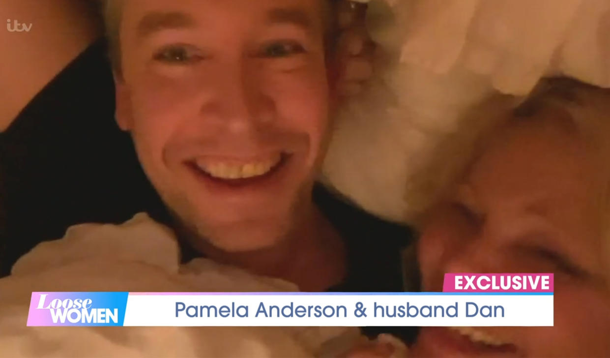 Pamela Anderson, Dan Hayhurst 'Loose Women' TV Show in London on Feb. 19, 2021. (ITV via Shutterstock)