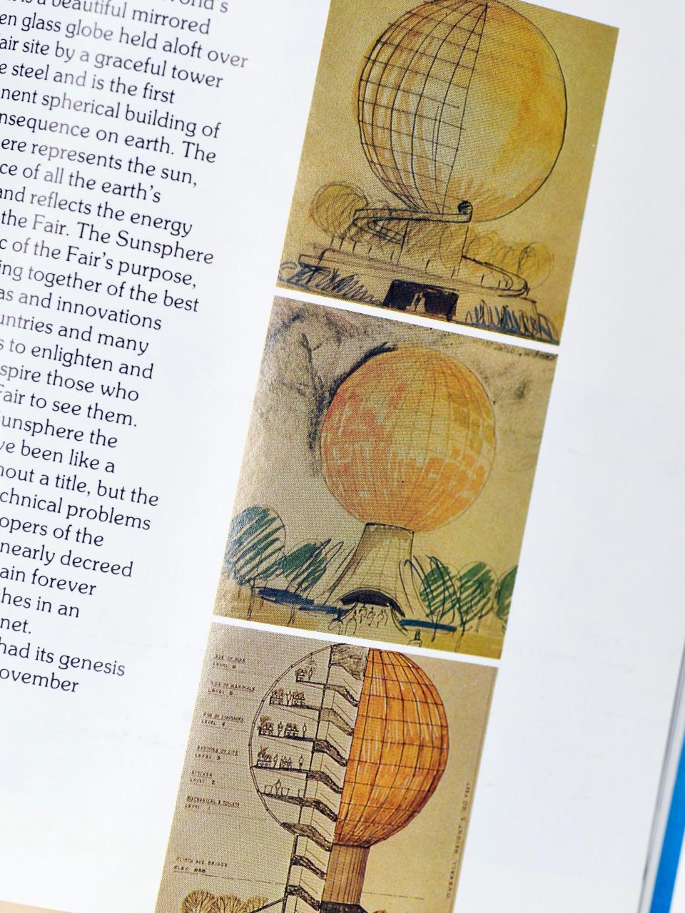 Community Tectonics Architects produced a book in 1982 all about World's Fair monuments and featured early drawings of the Sunsphere, including designs that showed the sphere much larger and attached to a pedestal not so high off the ground.
