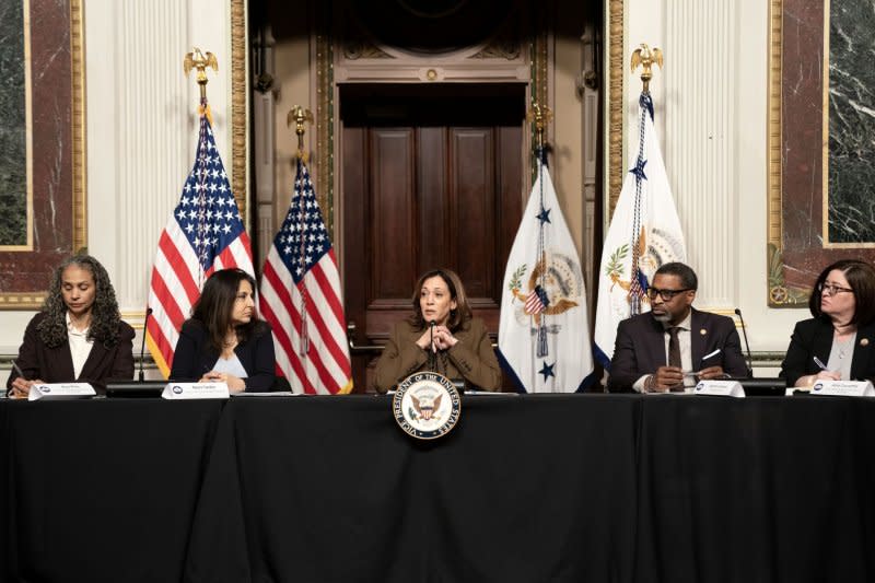 Vice President Kamala Harris delivers remarks Tuesday in the Indian Treaty Room at the White House, where she announced a "four-part strategy to protect the freedom to vote." Photo by Leigh Vogel/UPI