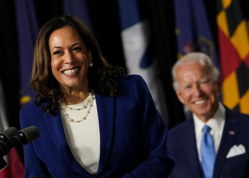 <p>Harris wore her string of power pearls with a Democrat-blue suit, white plain blouse, and cream heels for her and Joe Biden's first Biden-Harris press conference. </p>