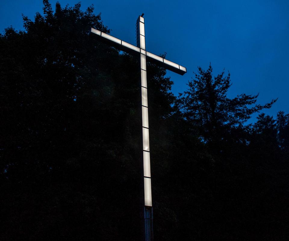 This 60-foot-tall cross is visible once again from Route 9 on the Sons of Mary Missionary Society property on Salem End Road in Framingham, June 17, 2023.