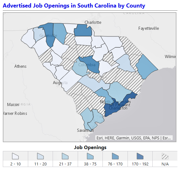 Greenville and Spartanburg counties were among the state leaders with the number of job openings last month, according to the S.C. Department of Employment and Workforce.