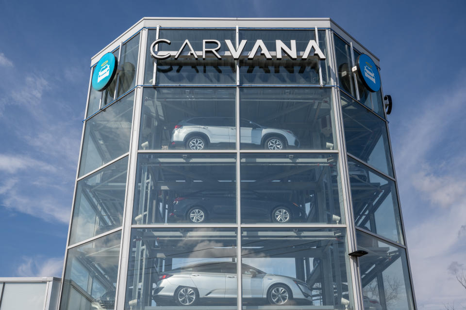 AUSTIN, TEXAS - FEBRUARY 20: Vehicles are seen on a display at a Carvana dealership on February 20, 2023 in Austin, Texas. Auto consumers with low credit scores are reported to have fallen behind in payments in numbers unseen since 2010 according to the Wall Street Journal.  (Photo by Brandon Bell/Getty Images)