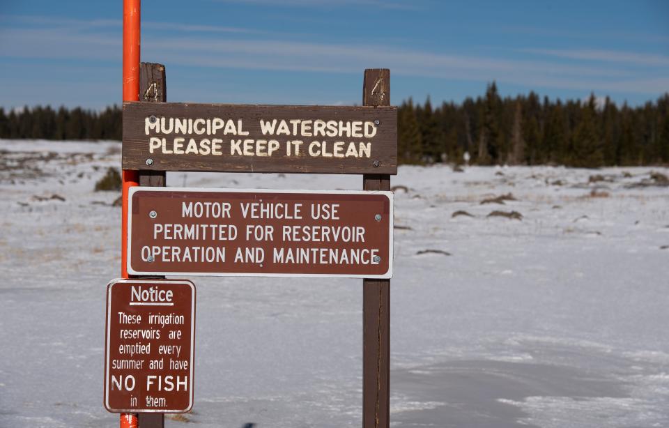 Snow in November 2020 on the Grand Mesa National Forest, where a sign reminds how the water will be used.
