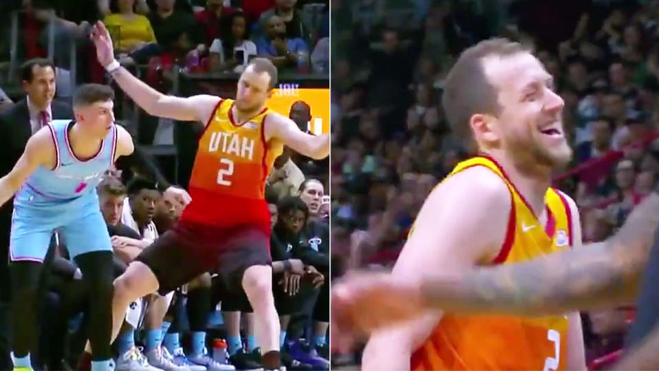 Joe Ingles laughing after he flopped against Tyler Herro. (Images: Twitter)