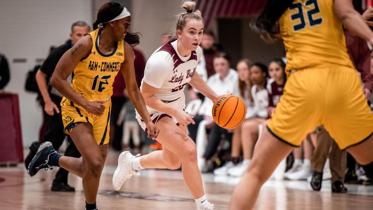 Karley Motschenbacher recorded a double-double with 15 points and 13 rebounds as West Texas upset No. 2-ranked Texas A&M-Commerce on Thursday, Jan. 6, 2022.