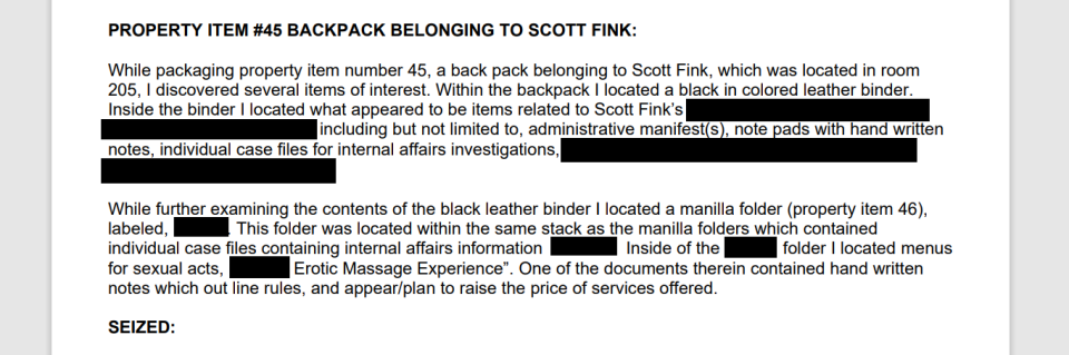 Michigan State Police records, obtained through FOIA, show former MDOC internal affairs investigator Scott Fink had confidential investigative files with him in a Hartland Township motel room on the day of his arrest.