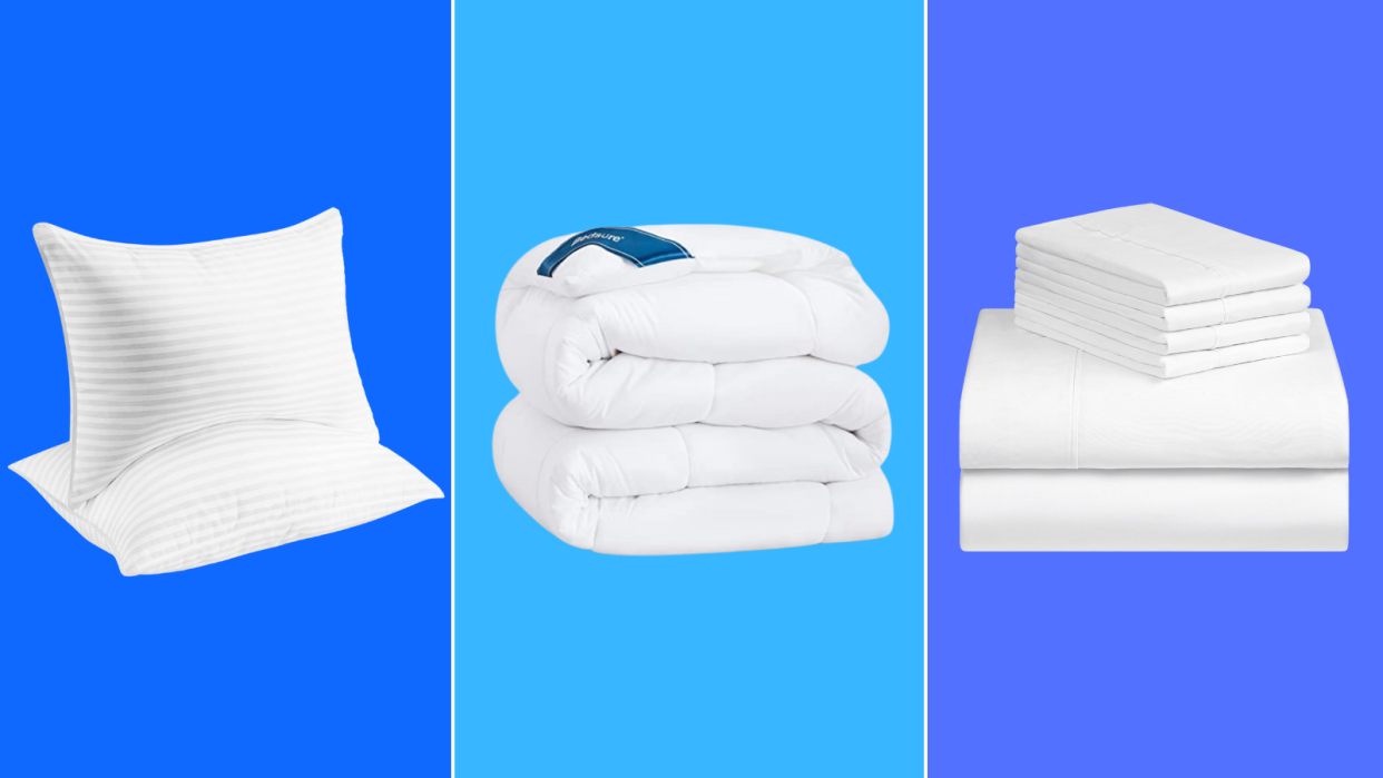 Cooling pillows, a comforter and sheet set on a blue background