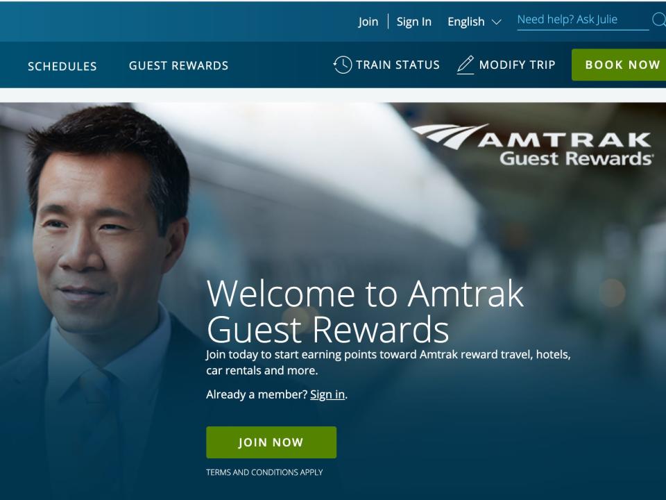 A screenshot of the rewards program on the Amtrak website