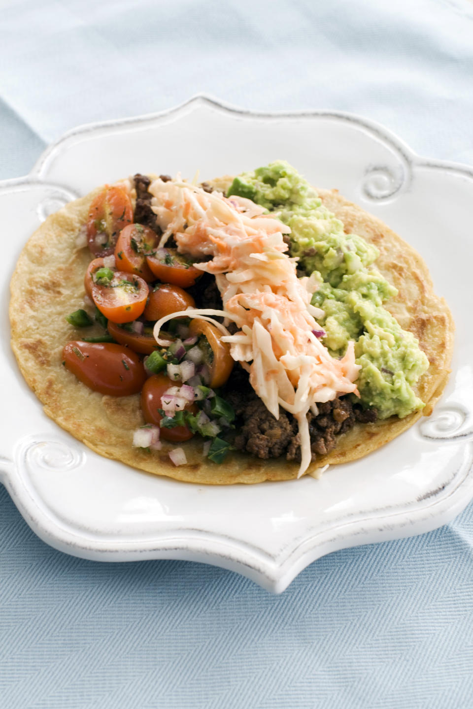 In this image taken on March 4, 2013, tortillas with tomato-mint salsa and guacamole are shown served on a plate in Concord, N.H. (AP Photo/Matthew Mead)