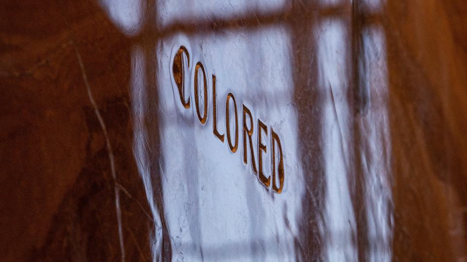 The old original marble colored water fountain signs are displayed in the Kress building in Montgomery, Ala., seen on Wednesday November 1, 2023.