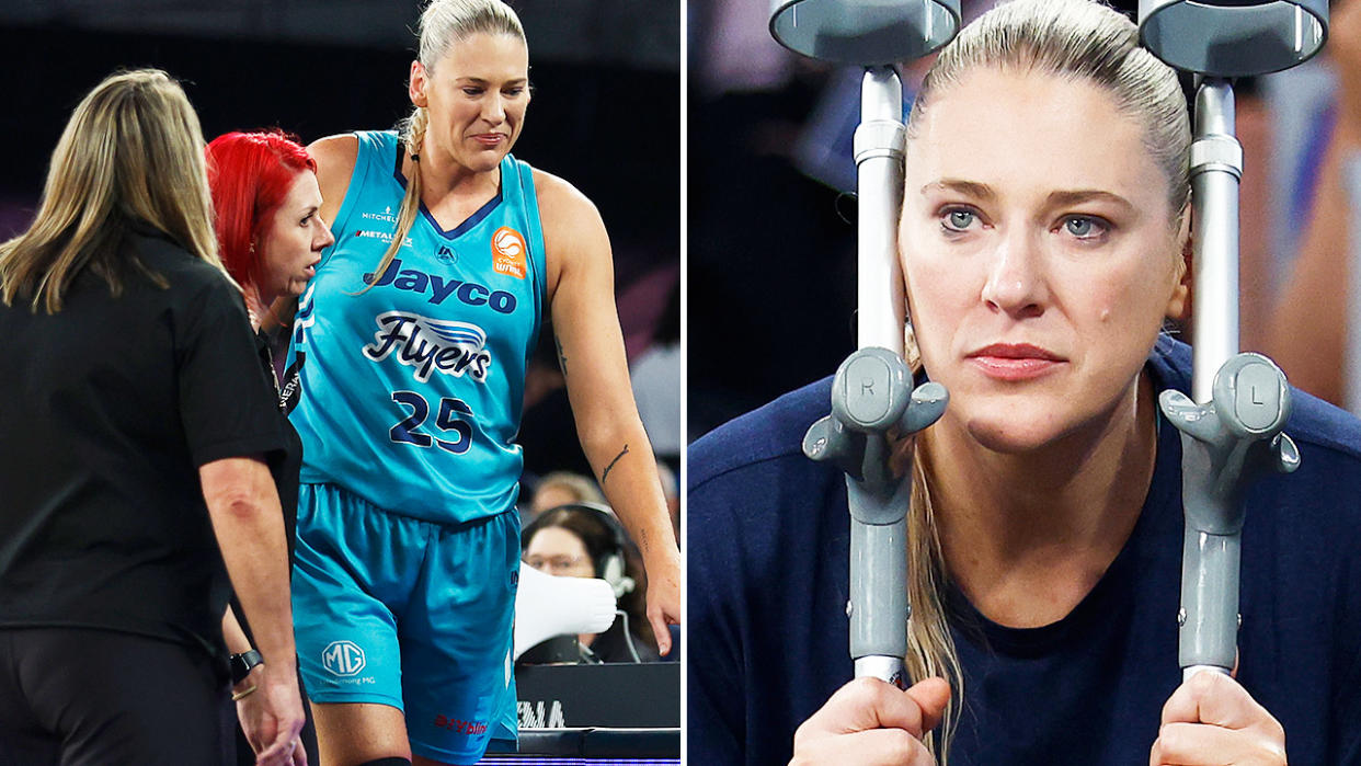 Lauren Jackson, pictured here after she was injured his 60 seconds into her tribute game in the WNBL. 