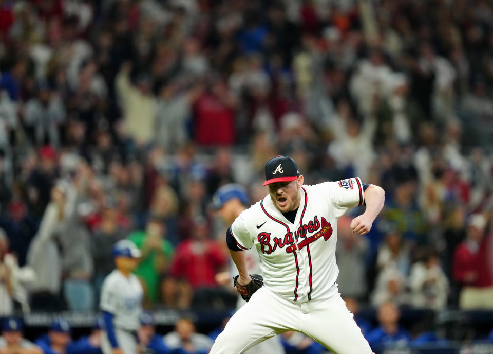 Braves reliever Tyler Matzek pumps his fist in celebration after escaping a crucial jam in NLCS Game 6. 