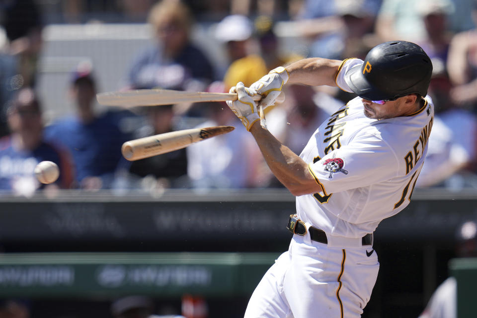 Pittsburgh Pirates' Bryan Reynolds breaks his bat on a ground out on a pitch from Houston Astros starting pitcher Jose Urquidy during the first inning of a baseball game in Pittsburgh, Wednesday, April 12, 2023. (AP Photo/Gene J. Puskar)
