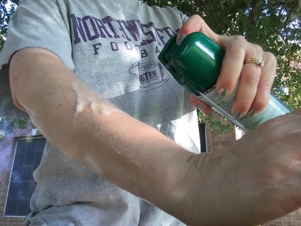 Spray yourself with insect repellent before going outside. Look for ones with a lot of DEET.