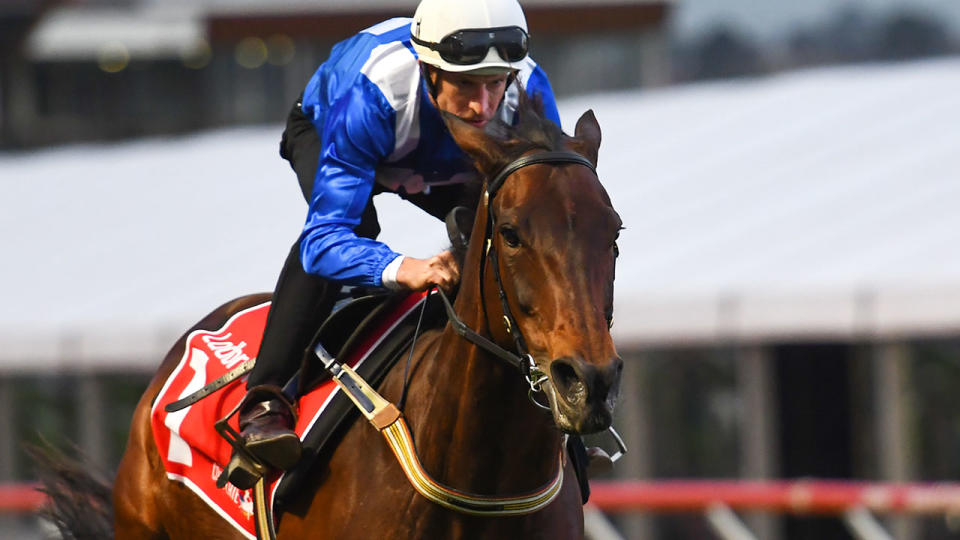 Hugh Bowman riding Winx galloping during Breakfast with the Best. (Photo by Vince Caligiuri/Getty Images)