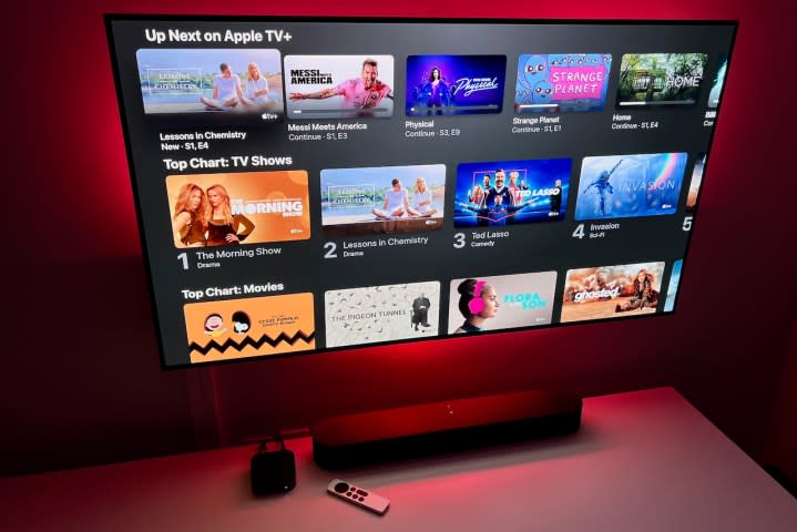 The Apple TV+ home screen on a TV.