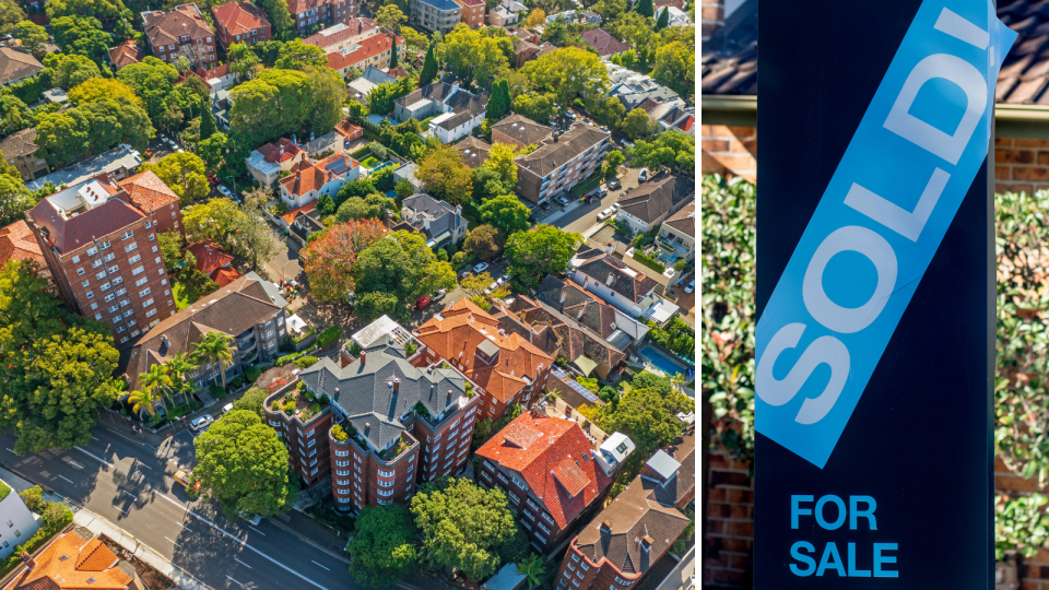 Sydney property market. Aerial view of buildings. Sold sign. First home buyer concept.