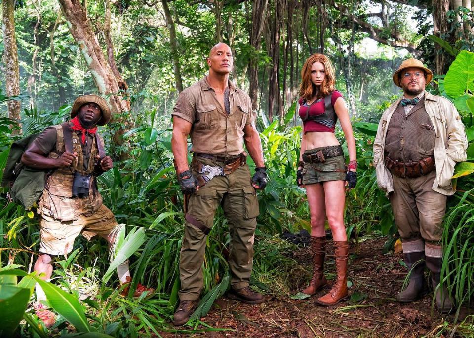 Kevin Hart, Dwayne Johnson, Karen Gillan, and Jack Black in 'Jumanji: Welcome To The Jungle' (Sony Pictures)