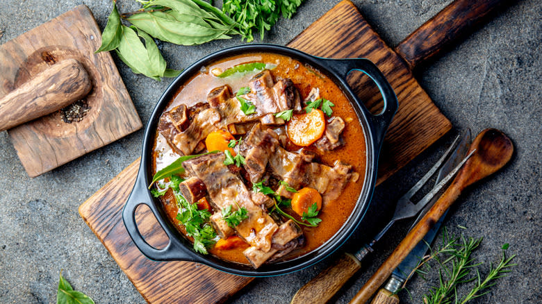 Beef stew with thyme, bay leaves, and parsley