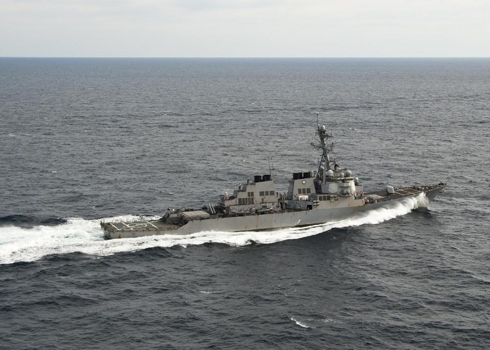 In this image provided by the U.S. Navy the Arleigh Burke-class guided-missile destroyer USS Porter (DDG 78) transits the Atlantic Ocean. The U.S. Navy said Sunday Aug. 12, 2012 that the USS Porter collided with the Panamanian-flagged bulk oil tanker M/V Otowasan early Sunday near the Strait of Hormuz but that no one was injured in the accident and overall damage to Porter is being evaluated, but the ship is able to operate under its own power. (AP Photo/US Navy, Seaman Harry Andrew D. Gordon)