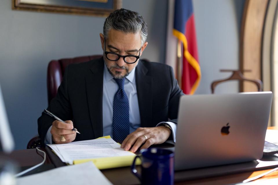 State Sen. Cesar Blanco, D-El Paso, works at his desk in his office in Downtown El Paso on Thursday, Sept. 28, 2023. Blanco officially announced his Texas Senate reelection campaign in late September.